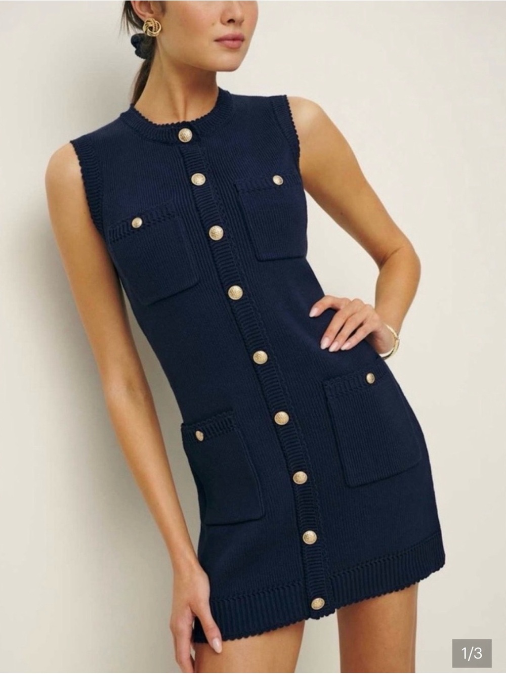 Reformation Navy Sleeveless Knit Mini Dress with Gold Buttons